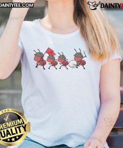 Cute matching ants on a ladies tee, featuring the phrase 'Ants Go Marching' in a playful design.