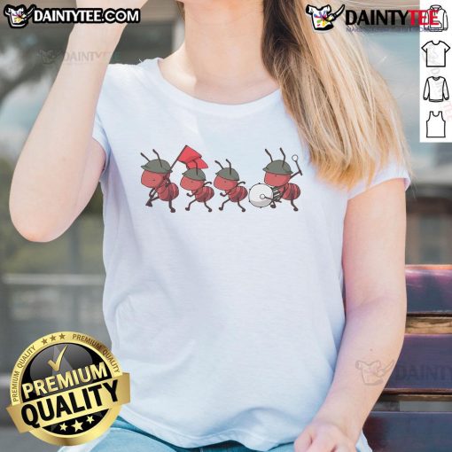 Cute matching ants on a ladies tee, featuring the phrase 'Ants Go Marching' in a playful design.