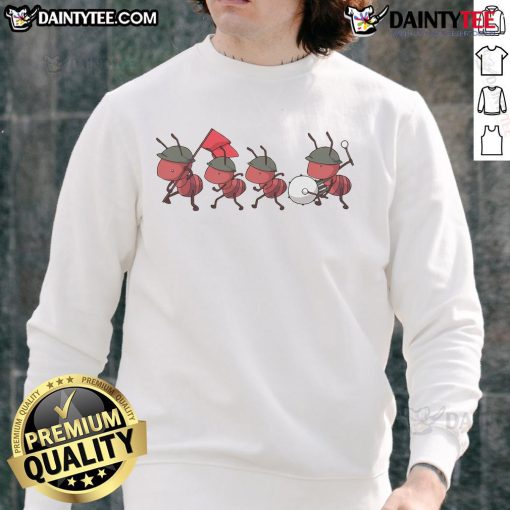 Cute matching ants design on sweatshirt, featuring playful 'Ants Go Marching' theme for kids' fashion.