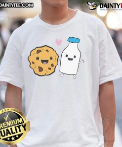 Cute Milk and Cookies food pair T-shirt featuring love-themed design with cookies and milk illustration.