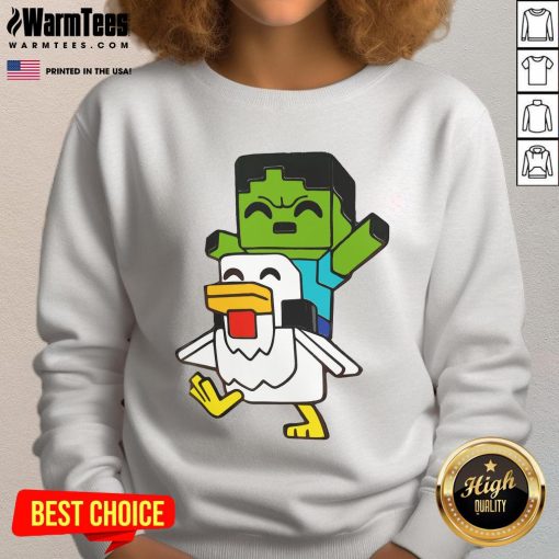 Alt Text: Adorable Minecraft baby zombie chicken jockey sweatshirt featuring vibrant graphics and cozy design for fans.