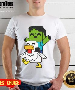 Alt Text: Cute Minecraft Baby Zombie Chicken Jockey T-Shirt featuring an adorable zombie riding a chicken in vibrant colors.