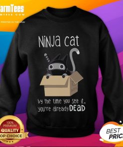 Cute ninja cat sweatshirt with the phrase 'By the time you see it, you're already dead' in playful font.