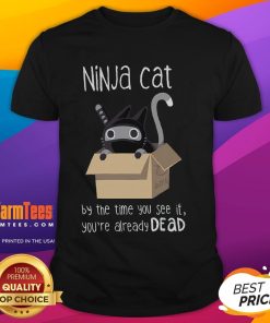 Alt Text: Cute ninja cat graphic on a By The Time You See It You're Already Dead T-shirt, perfect for cat lovers and humor fans.