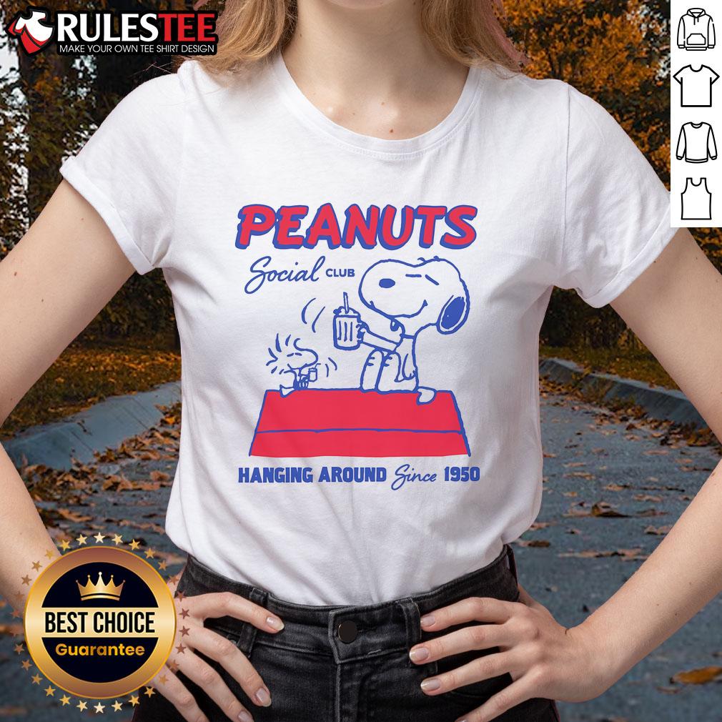 Cute Peanuts Social Club Hanging Around Since 1950 Ladies Tee Alt Text: Cute Peanuts Social Club ladies tee, celebrating friendship since 1950 with a fun and stylish design.