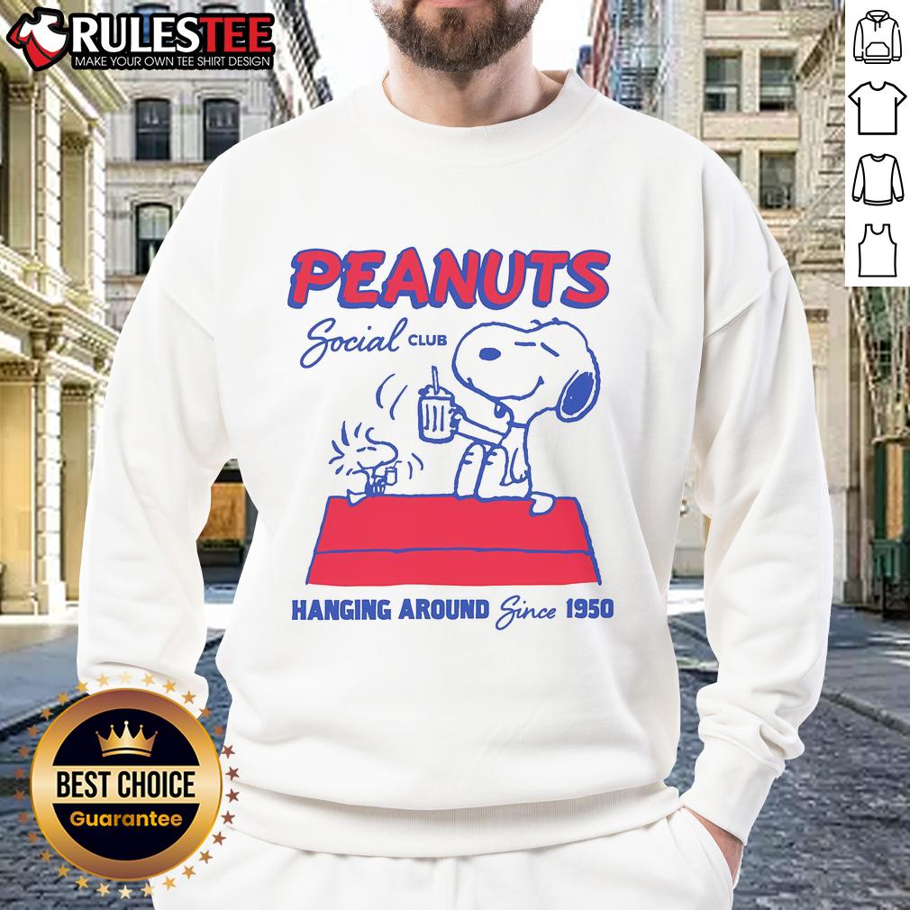 Cute Peanuts Social Club Hanging Around Since 1950 Sweatshirt Alt Text: Cute Peanuts Social Club sweatshirt featuring classic cartoon characters, perfect for fans since 1950.
