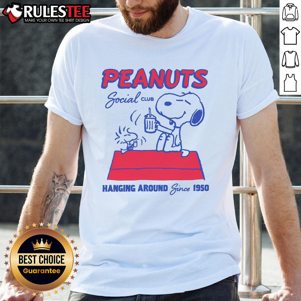 Cute Peanuts Social Club Hanging Around Since 1950 T Shirt Alt Text: Cute Peanuts Social Club T-Shirt featuring characters hanging around since 1950, perfect for fans of the Peanuts comic.