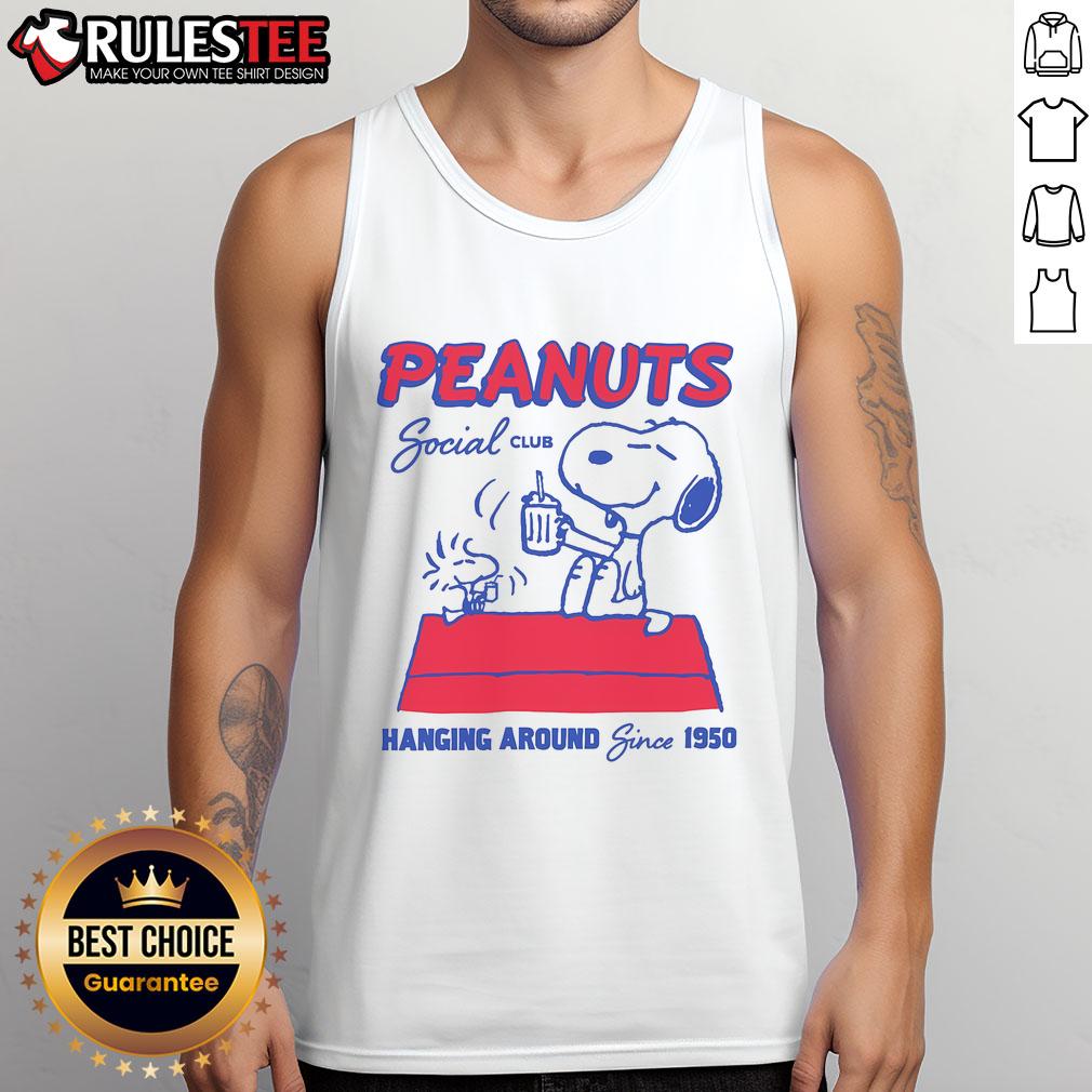 Cute Peanuts Social Club Hanging Around Since 1950 Tank Top Alt Text: Cute Peanuts Social Club tank top design featuring fun characters, perfect for casual wear since 1950.