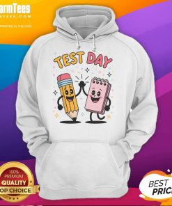 Alt Text: Cute pencil and notebook high five on a star hoodie, perfect for students and creative minds.