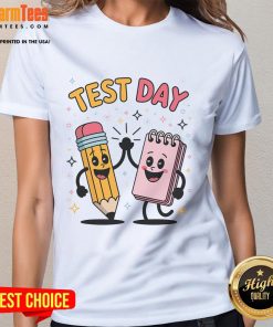 Alt Text: Cute pencil and notebook graphic on a high five star ladies tee, perfect for creative enthusiasts and students.