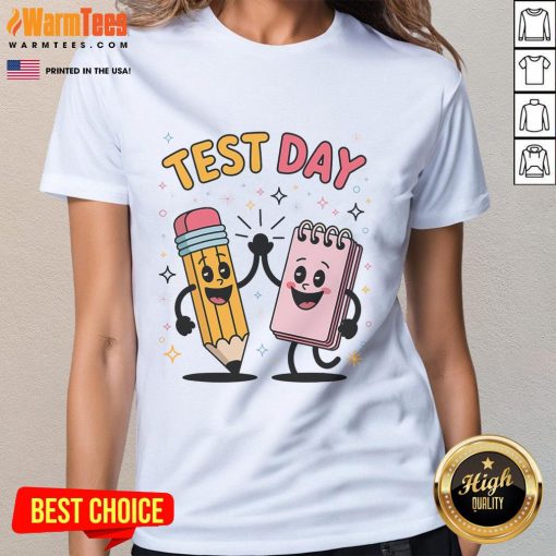 Alt Text: Cute pencil and notebook graphic on a high five star ladies tee, perfect for creative enthusiasts and students.