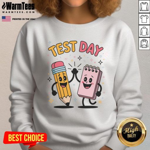 Alt Text: Cute pencil and notebook graphic on a high five star sweatshirt, perfect for students and creative minds.