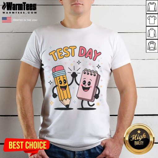 Adorable Cute Pencil and Notebook High Five graphic on a T-Shirt, perfect for students and stationery lovers.
