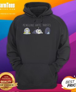 Cute penguins on a hoodie design promoting 'Make Fish Cheap Again' and opposing tariffs on fish.