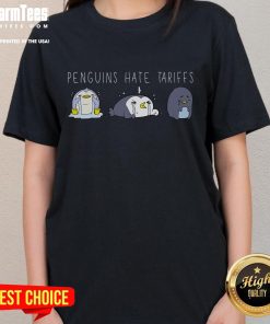 Adorable penguins on a tee shirt advocating for low fish prices and opposing tariffs, perfect for eco-conscious fashion lovers.