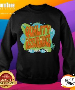 Adorable lab scientist in a retro sweatshirt for Quality Assurance Lab Week 2025, showcasing fun lab-themed apparel.