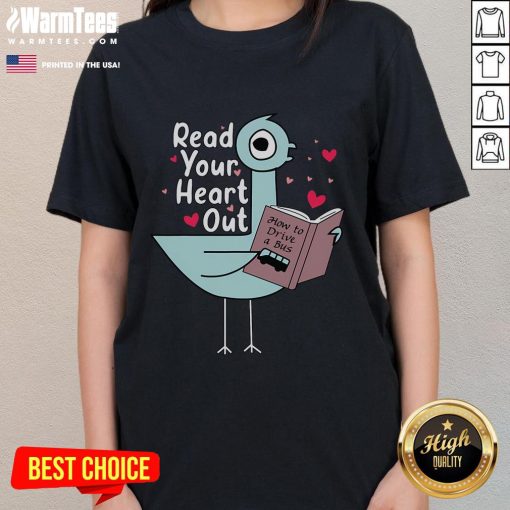 Alt Text: Cute Read Your Heart Out Pigeon Book Lover Ladies Tee featuring a whimsical pigeon design and vibrant colors.