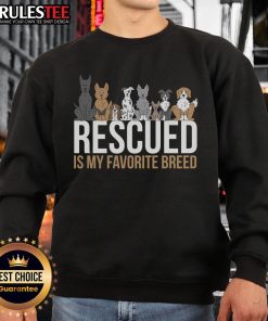Cute rescued dog wearing a 'My Favorite Breed' sweatshirt, showcasing love for animals and rescue pets.