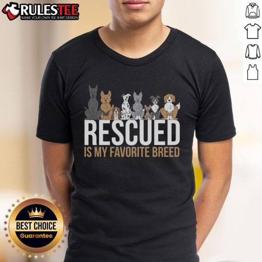 Alt Text: Cute rescued dog graphic on a 'Rescued Is My Favorite Breed' T-shirt, perfect for animal lovers and dog enthusiasts.