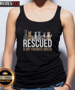Alt Text: Cute rescued dog wearing a tank top with 'Rescued is my favorite breed' design, showcasing pet fashion.