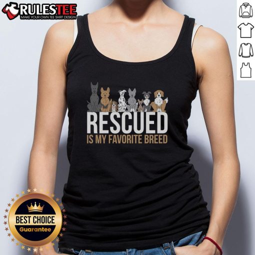 Alt Text: Cute rescued dog wearing a tank top with 'Rescued is my favorite breed' design, showcasing pet fashion.