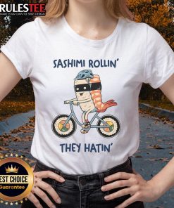 Alt Text: Cute Sashimi Rollin They Hatin Bicycle Ladies Tee featuring a playful sushi design and vibrant colors.