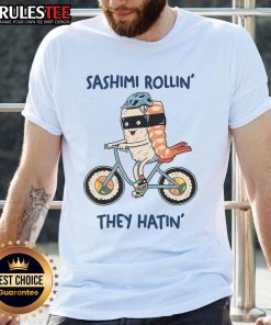 Alt Text: Cute Sashimi Rollin They Hatin Bicycle T-Shirt featuring a playful sushi design and vibrant colors for food lovers.