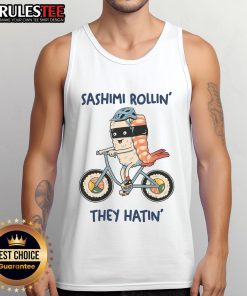 Cute sashimi rollin' they hatin' bicycle tank top featuring a vibrant sushi graphic on a casual summer shirt.