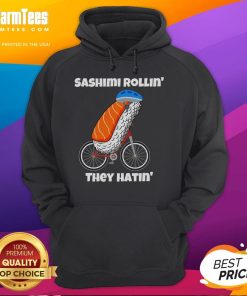 Alt Text: Cute Sashimi Rollin They Hatin Sashimi Bicycle Hoodie featuring vibrant sushi graphics and a playful design.