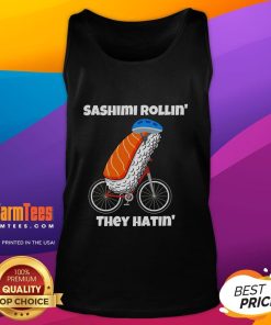 Adorable 'Sashimi Rollin They Hatin' bicycle tank top featuring cute sushi graphics, perfect for casual summer wear.