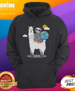 Cute sloth and llama design on Earth Day planet hoodie, promoting eco-friendly fashion and love for nature.