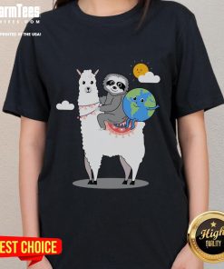 Cute sloth and llama graphic on Earth Day ladies tee, promoting planet-friendly awareness and fun fashion.