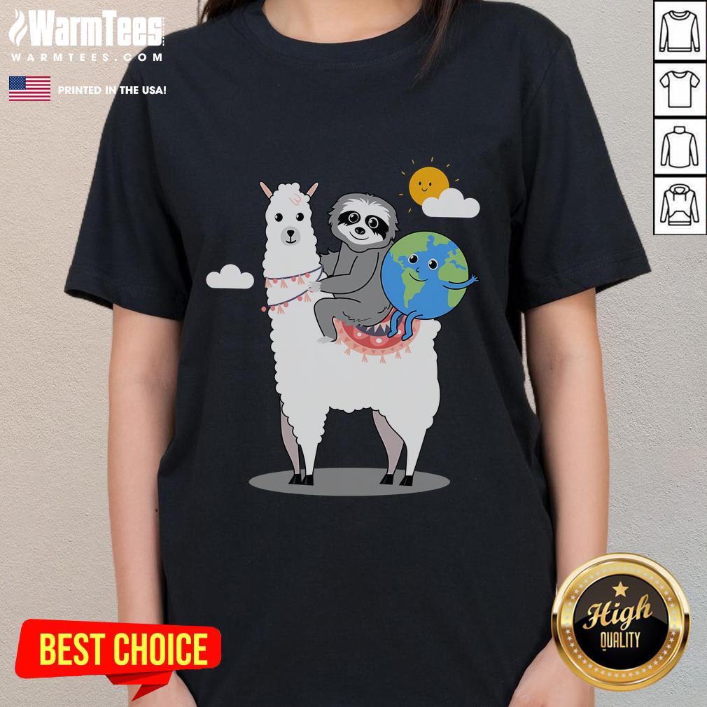 Cute Sloth Llama Earth Day Planet Ladies Tee Cute sloth and llama graphic on Earth Day ladies tee, promoting planet-friendly awareness and fun fashion.