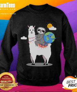 Cute sloth and llama graphic on an Earth Day sweatshirt celebrating the planet, perfect for eco-friendly fashion lovers.