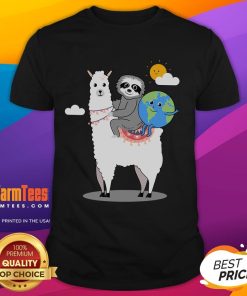 Cute Sloth Llama Earth-Day Planet T-Shirt featuring a playful sloth and llama on a vibrant earth-themed design.
