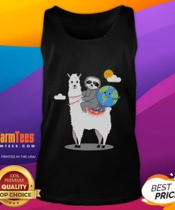 Cute sloth and llama graphic on Earth Day tank top promoting planet conservation and eco-friendly fashion.