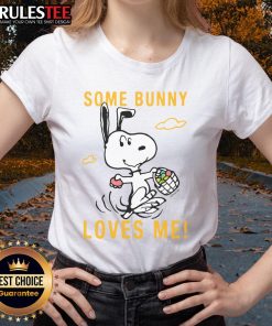 Alt Text: Cute Snoopy Peanuts Some Bunny Loves Me Ladies Tee featuring Snoopy and a playful bunny design for adorable style.