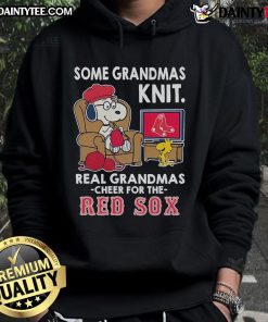 Cute Snoopy in a Peanuts hoodie, cheering for the Boston Red Sox, showcasing grandmas' knitting love.