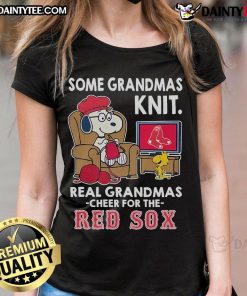 Cute Snoopy the Peanuts on a ladies tee, cheering for the Boston Red Sox, perfect for real grandmas.
