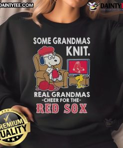 Cute Snoopy the Peanuts sweatshirt for grandmas cheering for the Boston Red Sox, perfect for baseball fans.