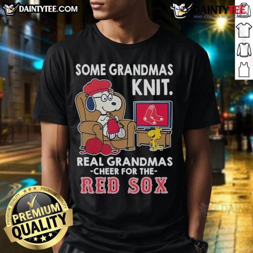 Cute Snoopy The Peanuts t-shirt for grandmas cheering for the Boston Red Sox, showcasing playful knit design.