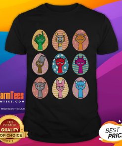 Alt Text: Cute Sprun Ki Dandy's World Easter Egg T-Shirt for Sprun Ki lovers, featuring vibrant colors and playful design.