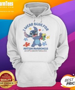 Cute Stitch hoodie in blue for Autism Awareness with 'Accept, Understand, Love' slogan, promoting kindness and inclusion.