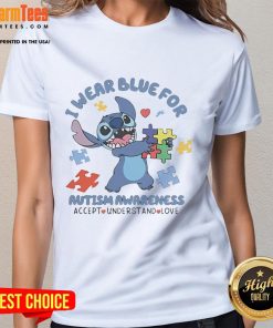 Cute Stitch ladies tee in blue for Autism Awareness - Accept, Understand, Love message, perfect for supporting autism.