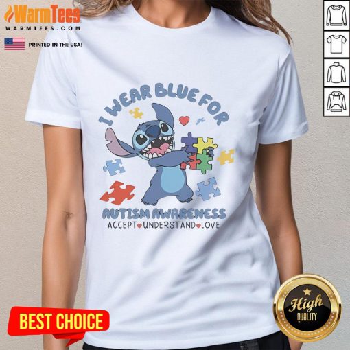 Cute Stitch ladies tee in blue for Autism Awareness - Accept, Understand, Love message, perfect for supporting autism.