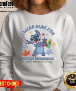 Alt Text: Cute Stitch sweatshirt in blue for Autism Awareness with 'Accept, Understand, Love' slogan promoting inclusivity.