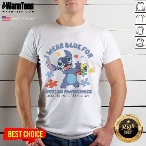 Cute Stitch wearing a blue shirt with 'I Wear Blue For Autism Awareness' slogan, promoting acceptance and love.
