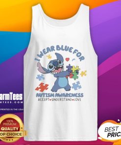 Cute Stitch tank top in blue for Autism Awareness with 'Accept, Understand, Love' slogan, promoting inclusivity.