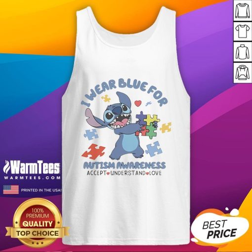 Cute Stitch tank top in blue for Autism Awareness with 'Accept, Understand, Love' slogan, promoting inclusivity.