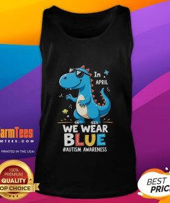 Cute T-Rex dinosaur wearing sunglasses on an autism awareness tank top, promoting fun and inclusivity.